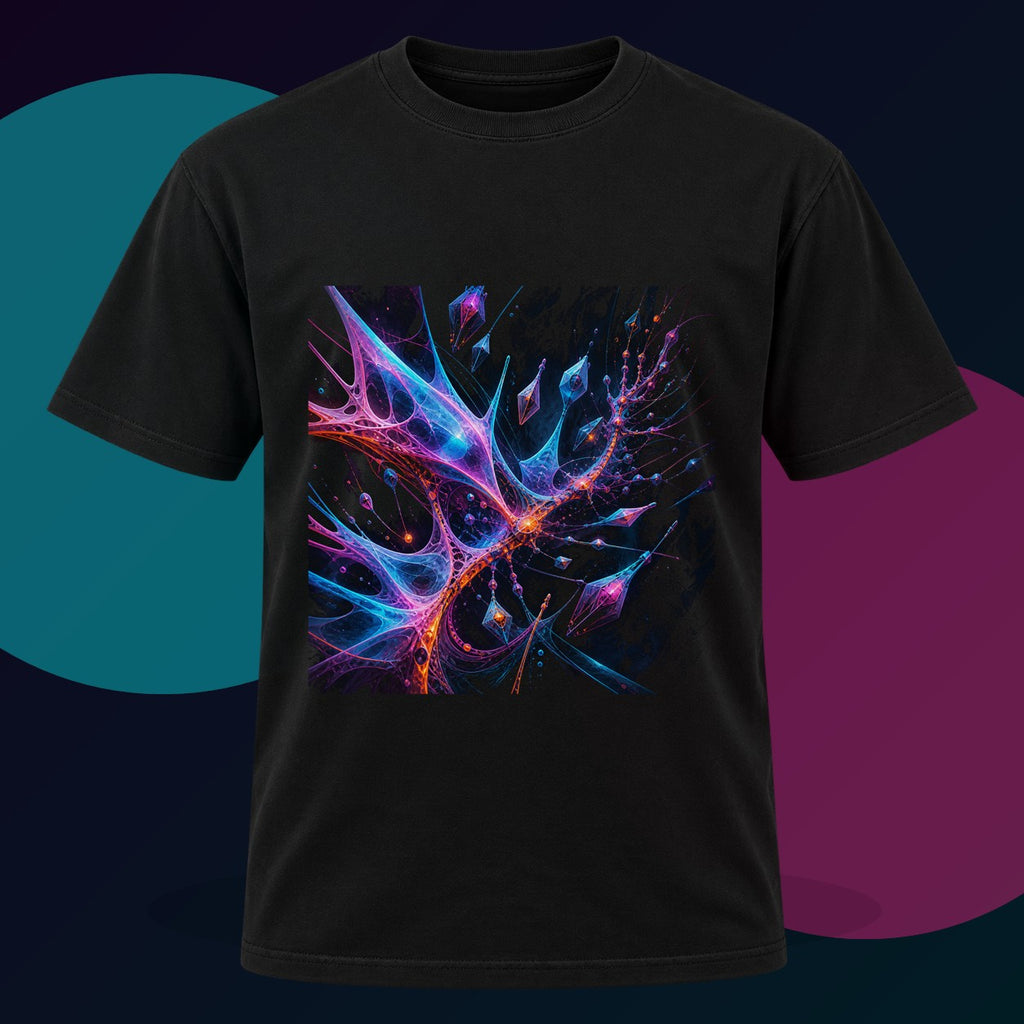 Null Meridian Bloom original KOSVYRE design on a black graphic tee with cyan and violet studio lighting