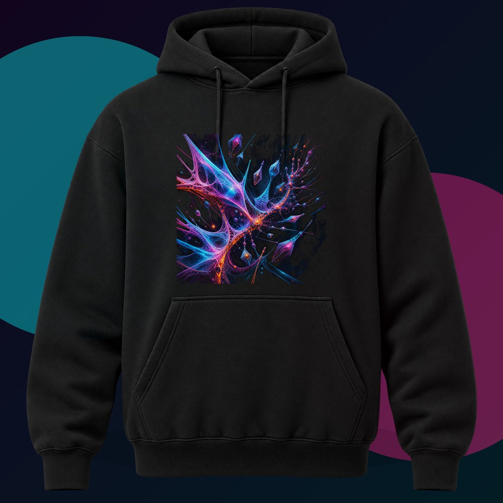 Null Meridian Bloom original KOSVYRE design on a black hoodie with cyan and violet studio lighting