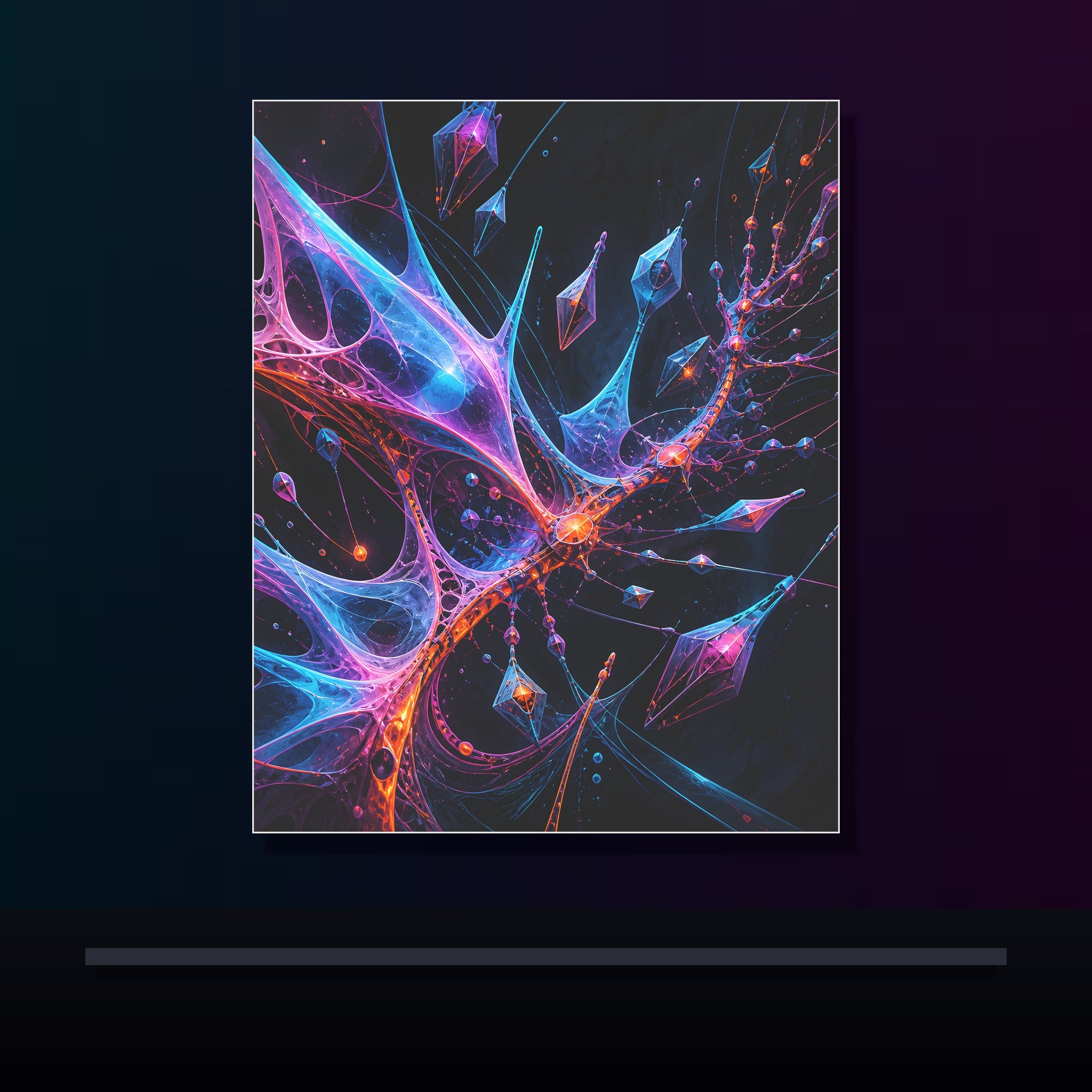 Null Meridian Bloom original KOSVYRE poster displayed in a dark psychedelic gallery setting