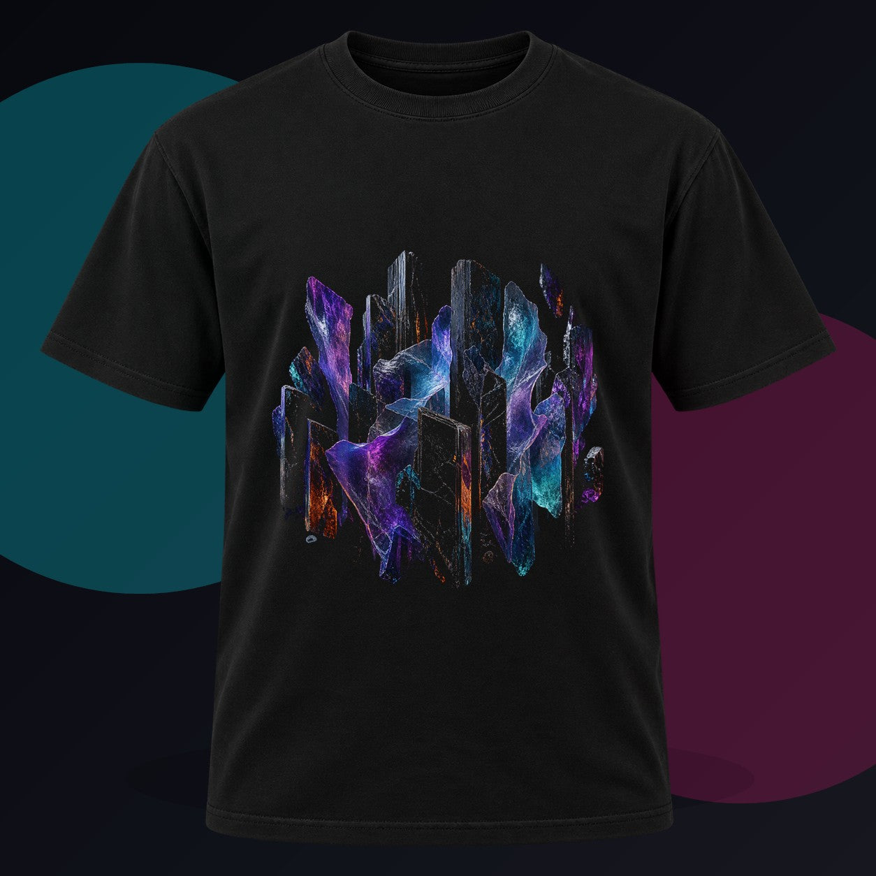 Obsidian Mica Choir original KOSVYRE design on a black graphic tee against a graphite studio background