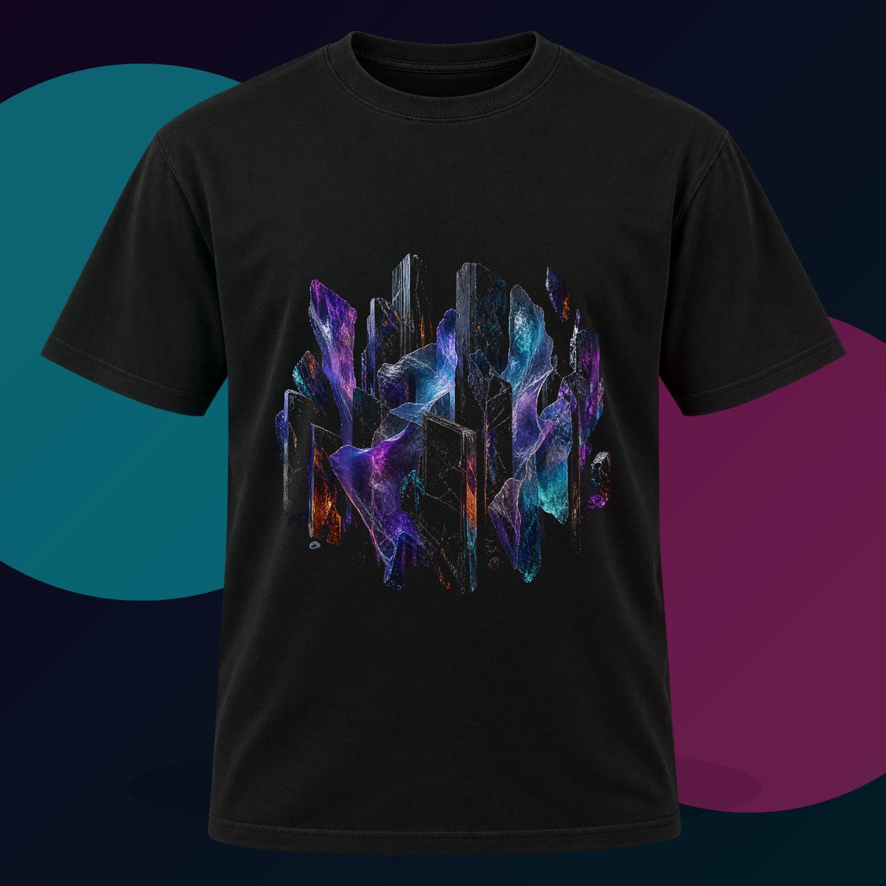 Obsidian Mica Choir original KOSVYRE design on a black graphic tee with cyan and violet studio lighting