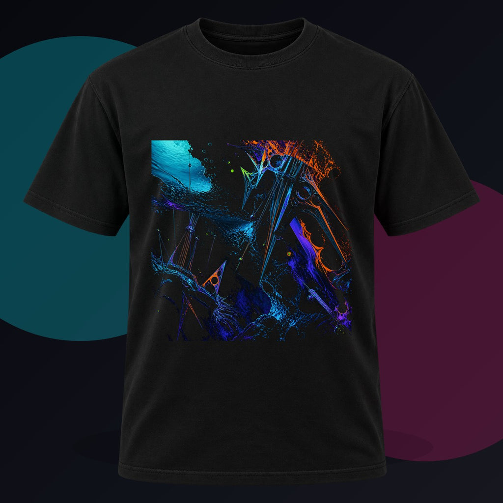 Obsidian Tide Instrument original KOSVYRE design on a black graphic tee against a graphite studio background