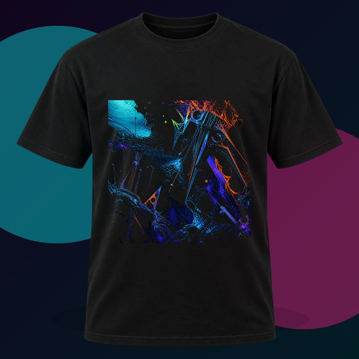 Obsidian Tide Instrument original KOSVYRE design on a black graphic tee with cyan and violet studio lighting