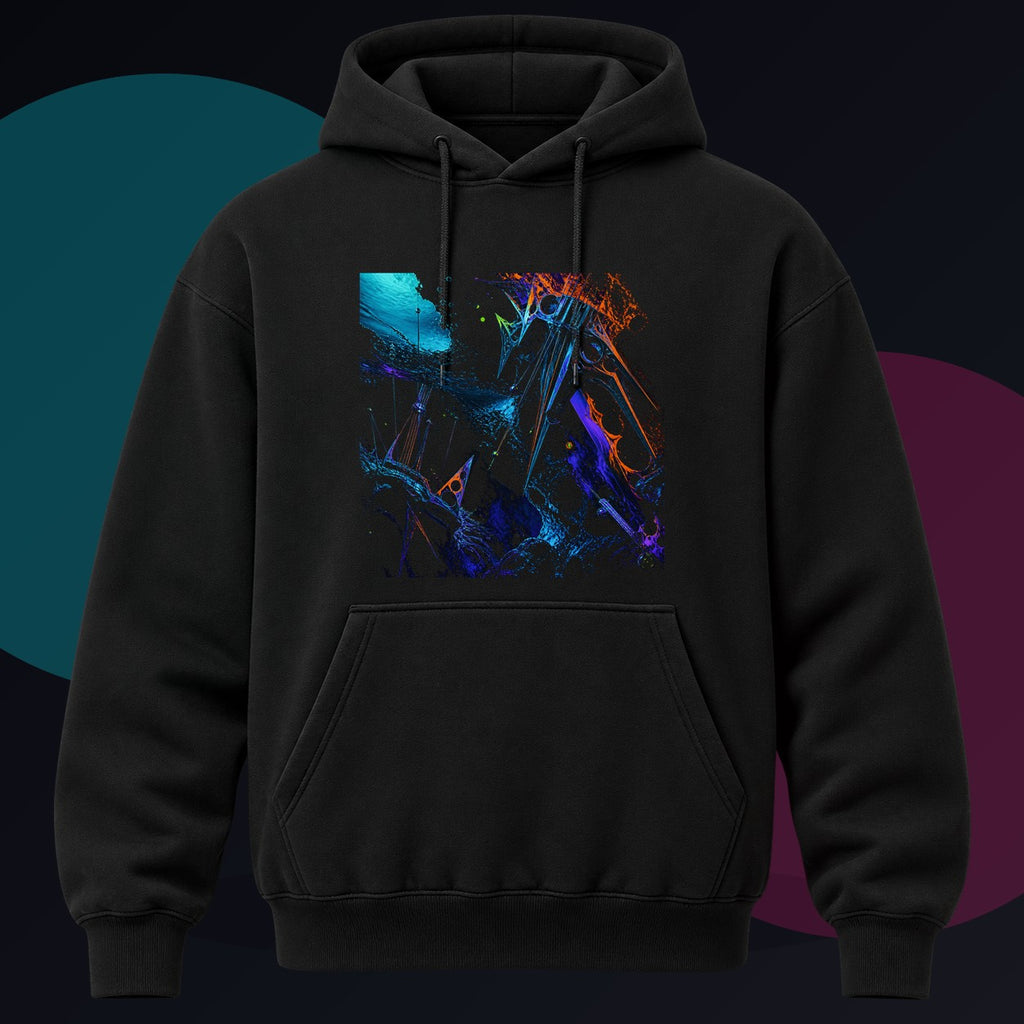 Obsidian Tide Instrument original KOSVYRE design on a black hoodie against a graphite studio background