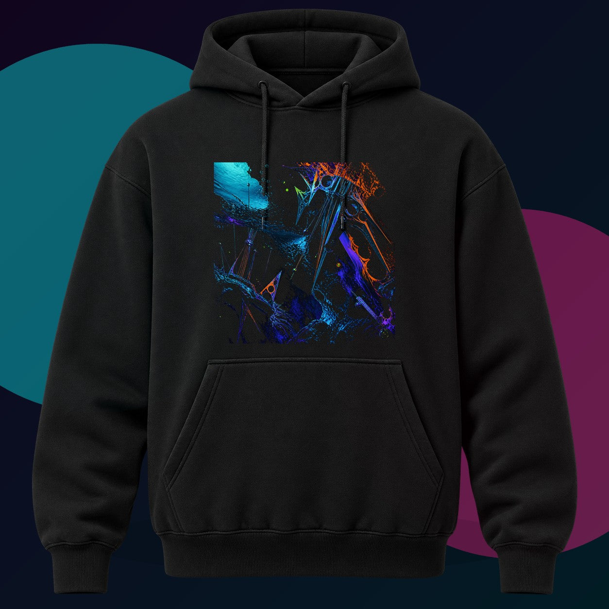 Obsidian Tide Instrument original KOSVYRE design on a black hoodie with cyan and violet studio lighting