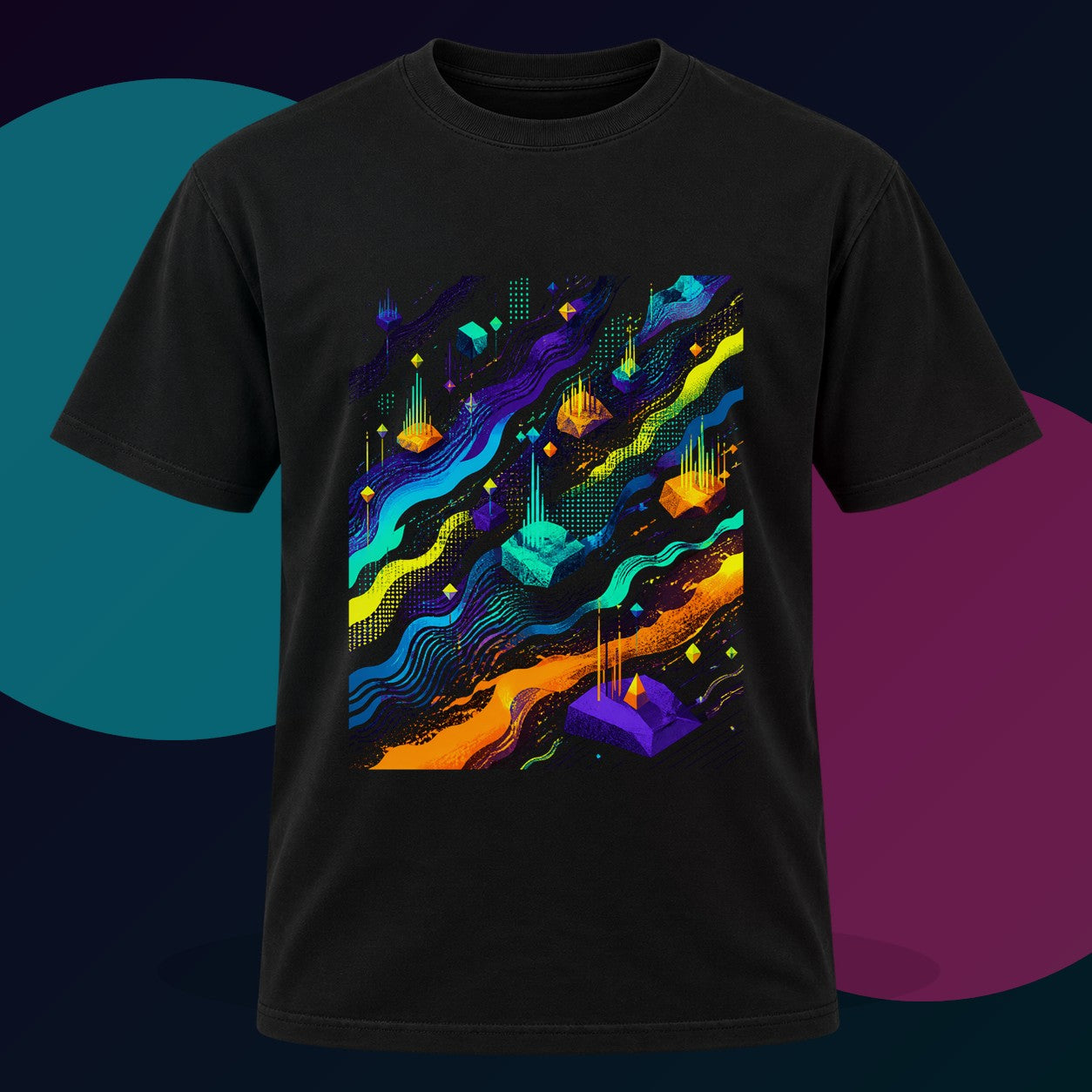Offset Broadcast Reef original KOSVYRE design on a black graphic tee with cyan and violet studio lighting