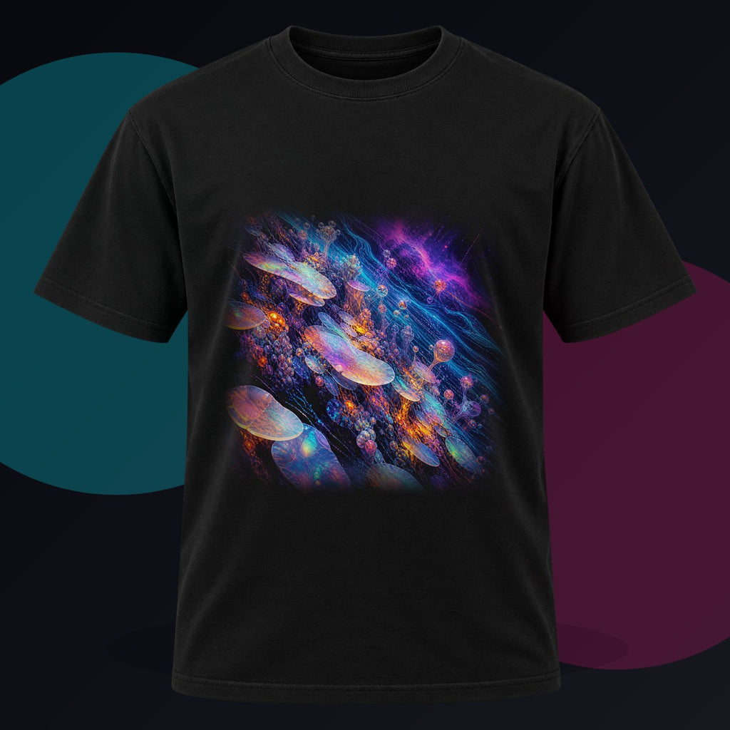Opal Data Reef original KOSVYRE design on a black graphic tee against a graphite studio background