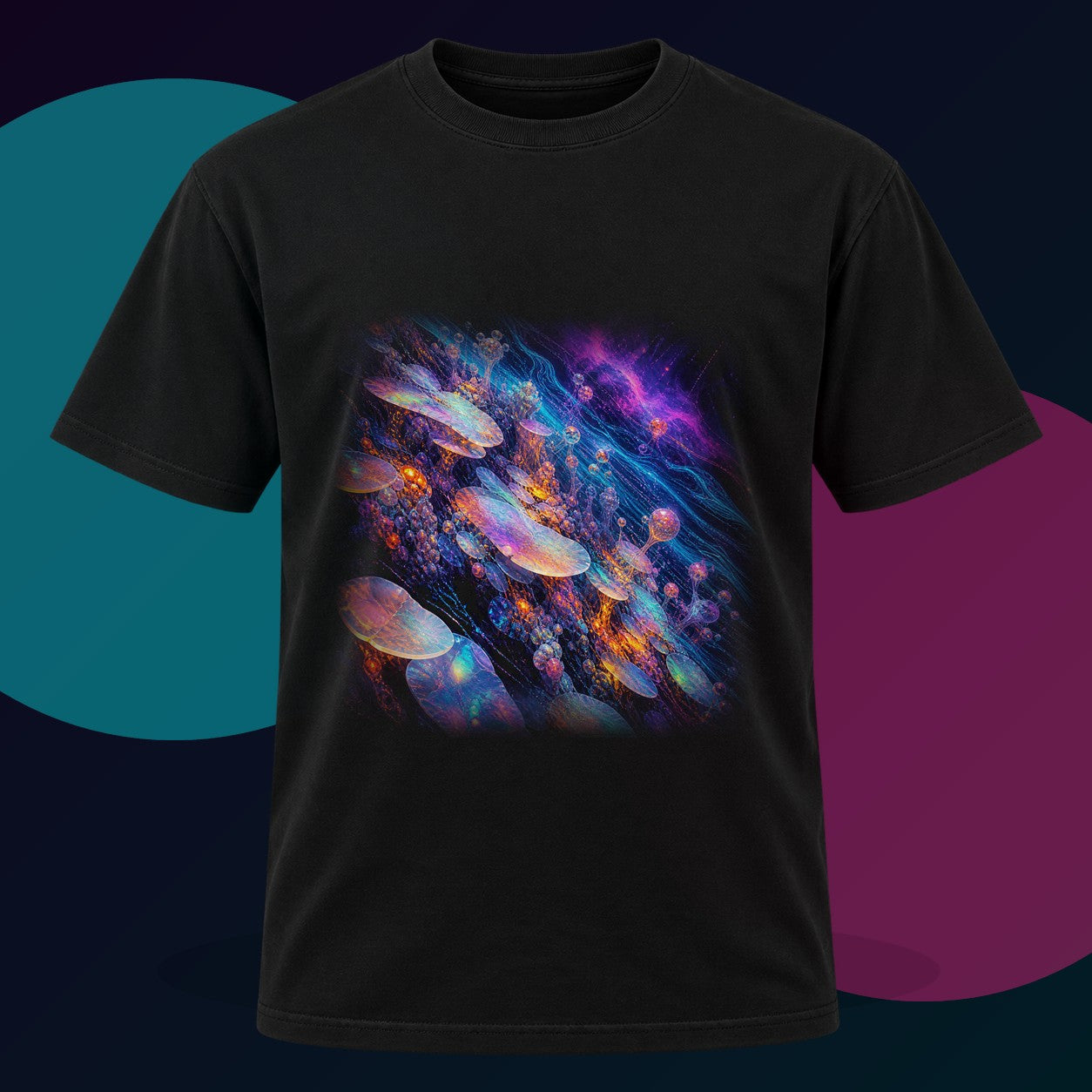 Opal Data Reef original KOSVYRE design on a black graphic tee with cyan and violet studio lighting
