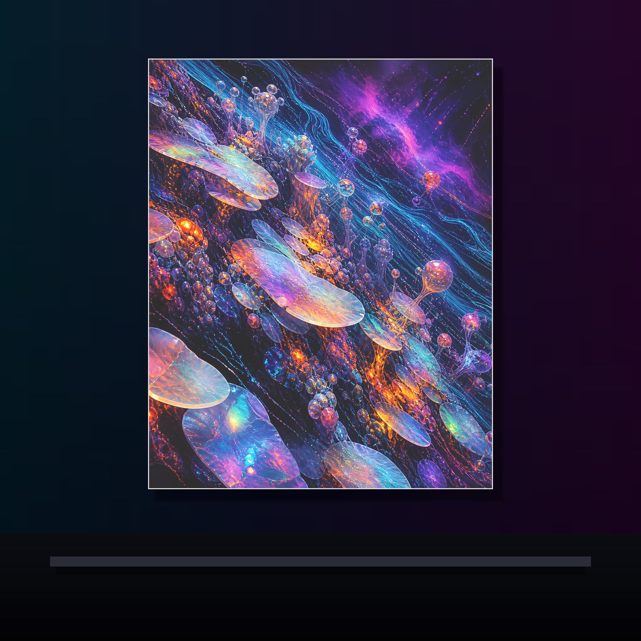 Opal Data Reef original KOSVYRE poster displayed in a dark psychedelic gallery setting