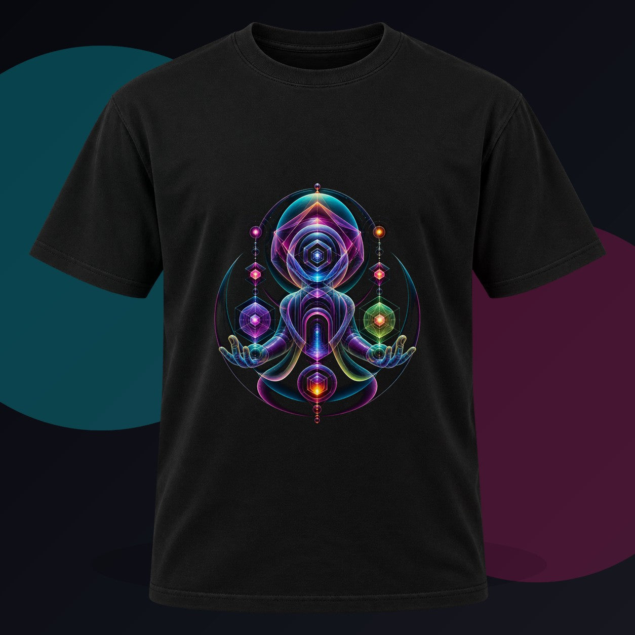 Oracle of Soft Geometry original KOSVYRE design on a black graphic tee against a graphite studio background