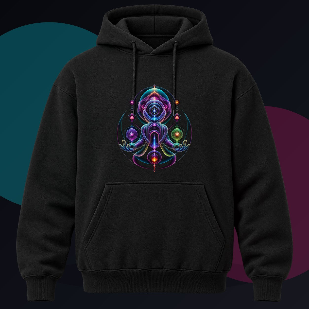 Oracle of Soft Geometry original KOSVYRE design on a black hoodie against a graphite studio background