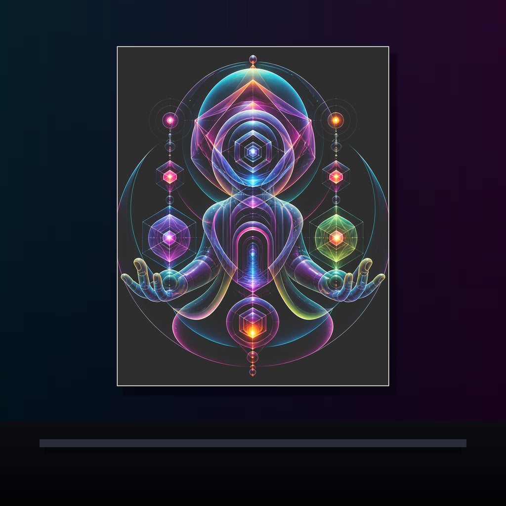 Oracle of Soft Geometry original KOSVYRE poster displayed in a dark psychedelic gallery setting
