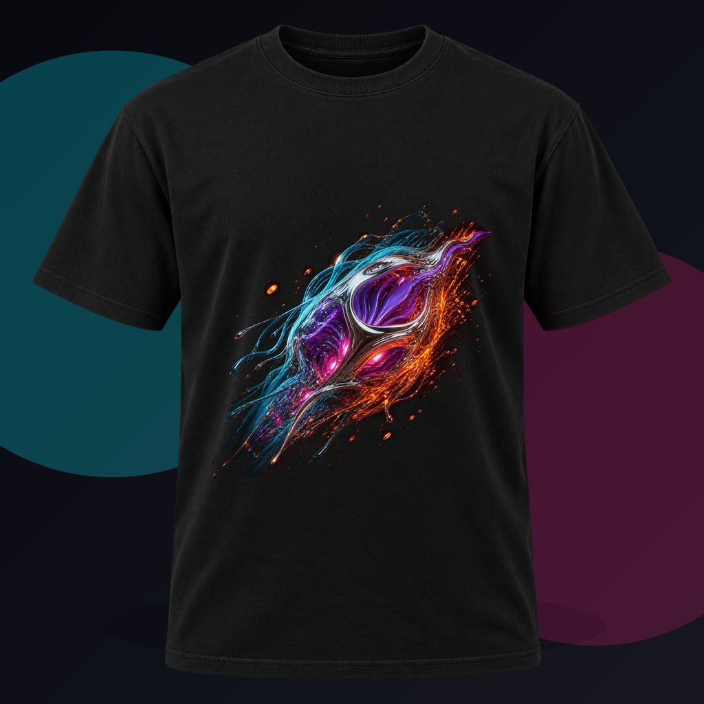 Orange Drift Organism original KOSVYRE design on a black graphic tee against a graphite studio background