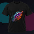 Orange Drift Organism original KOSVYRE design on a black graphic tee against a graphite studio background