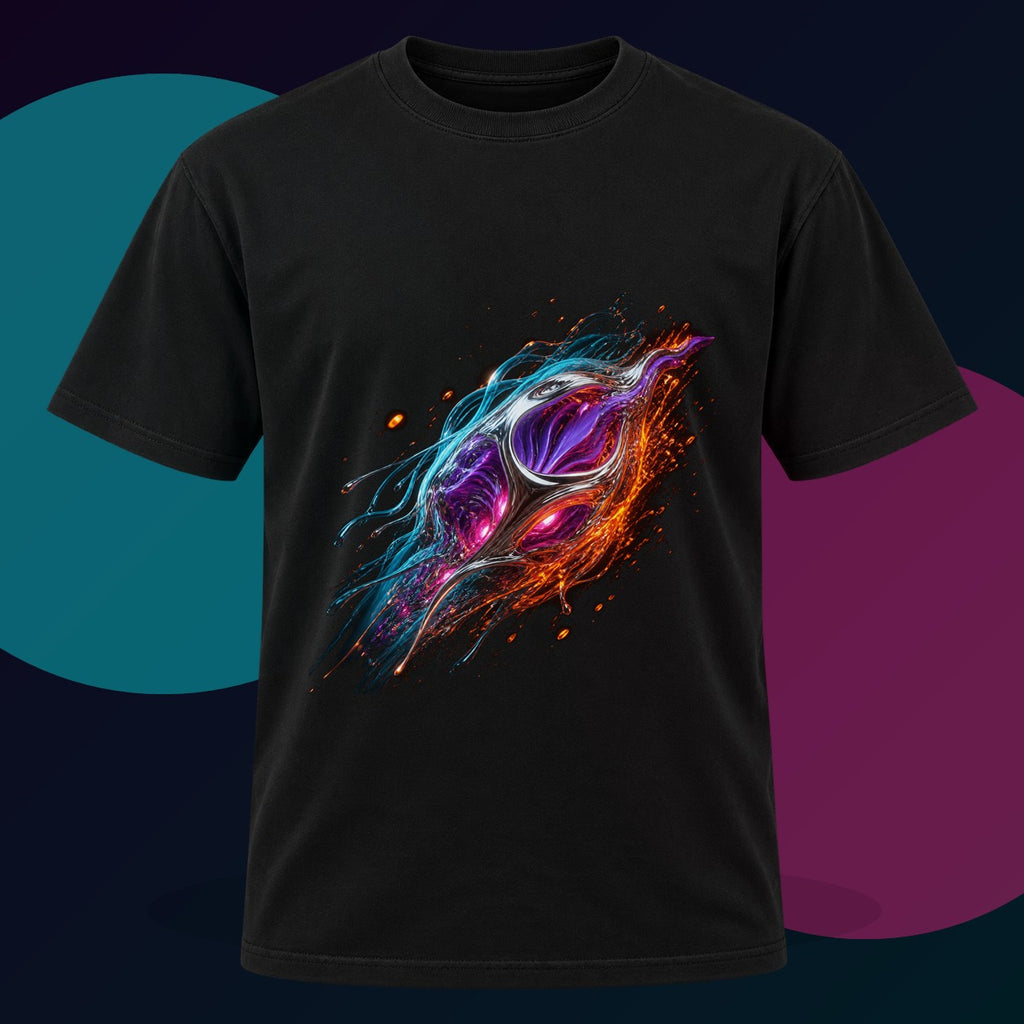 Orange Drift Organism original KOSVYRE design on a black graphic tee with cyan and violet studio lighting