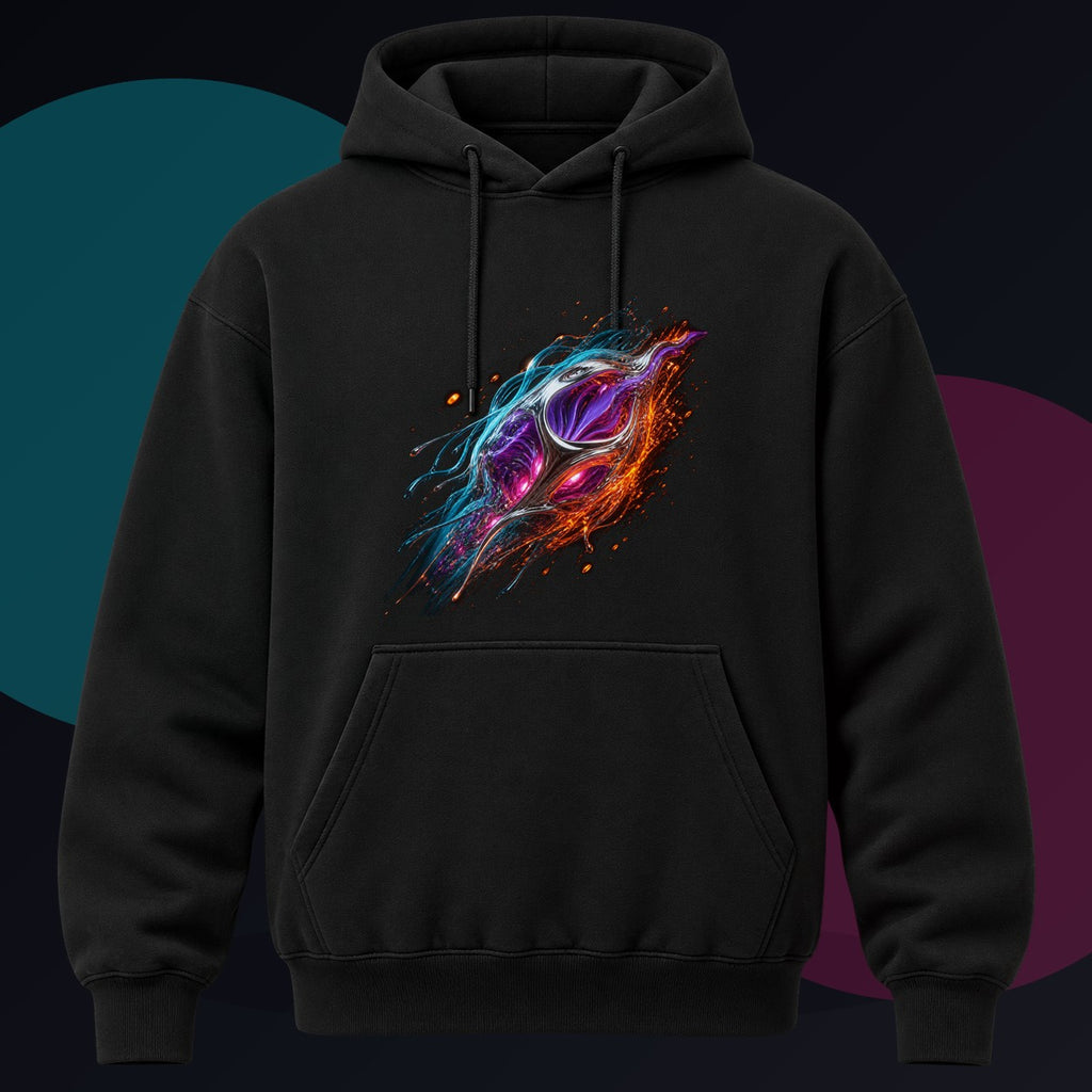 Orange Drift Organism original KOSVYRE design on a black hoodie against a graphite studio background