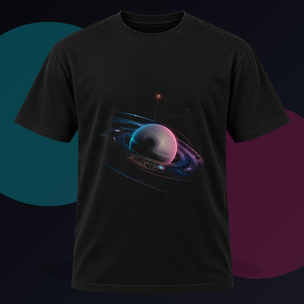 Orbit of the Unsaid original KOSVYRE design on a black graphic tee against a graphite studio background