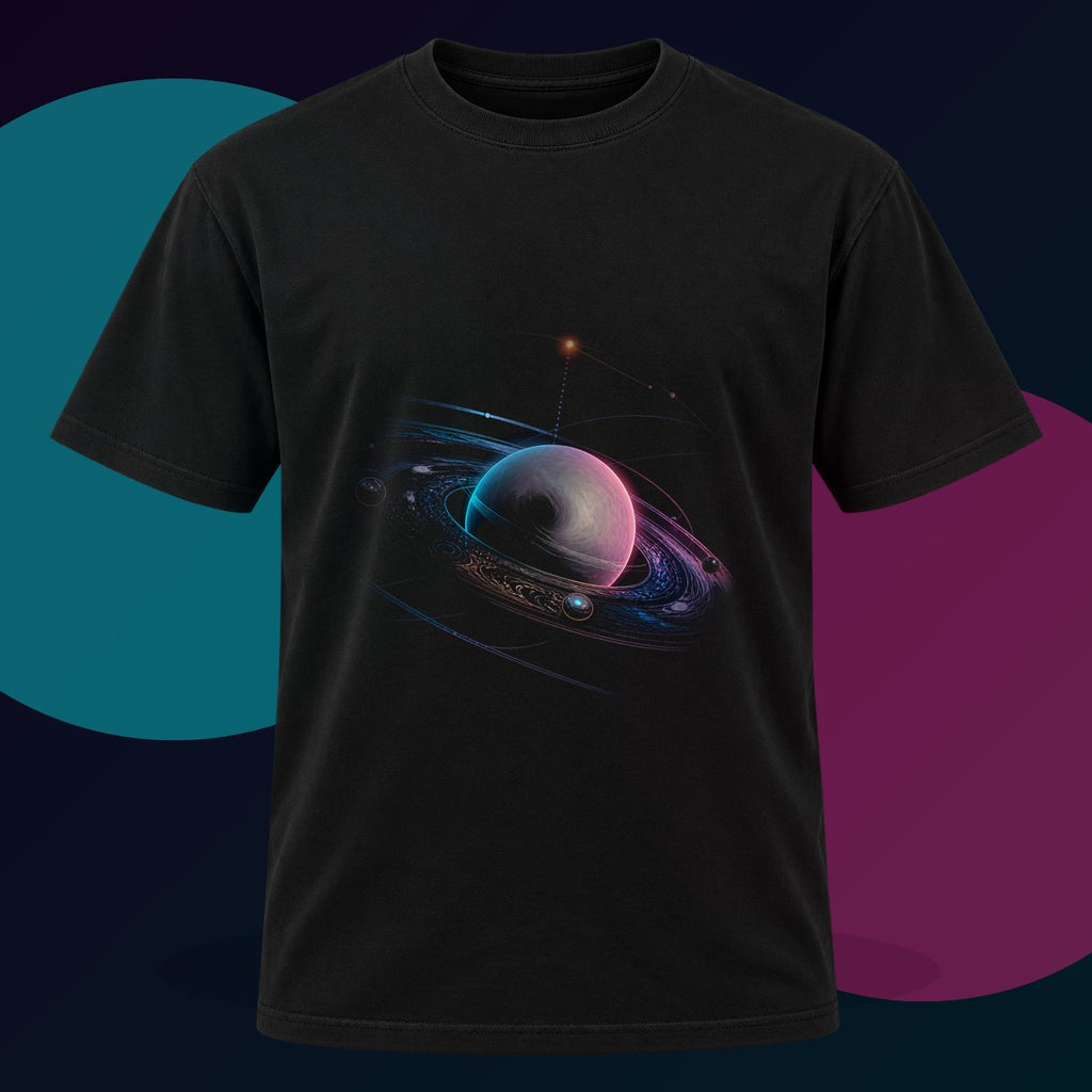 Orbit of the Unsaid original KOSVYRE design on a black graphic tee with cyan and violet studio lighting