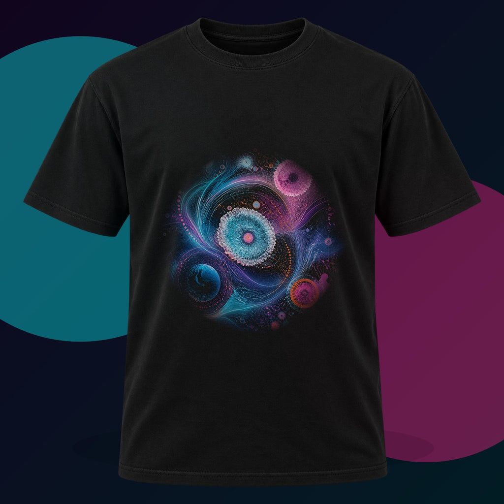 Orbit Salt Compass original KOSVYRE design on a black graphic tee with cyan and violet studio lighting