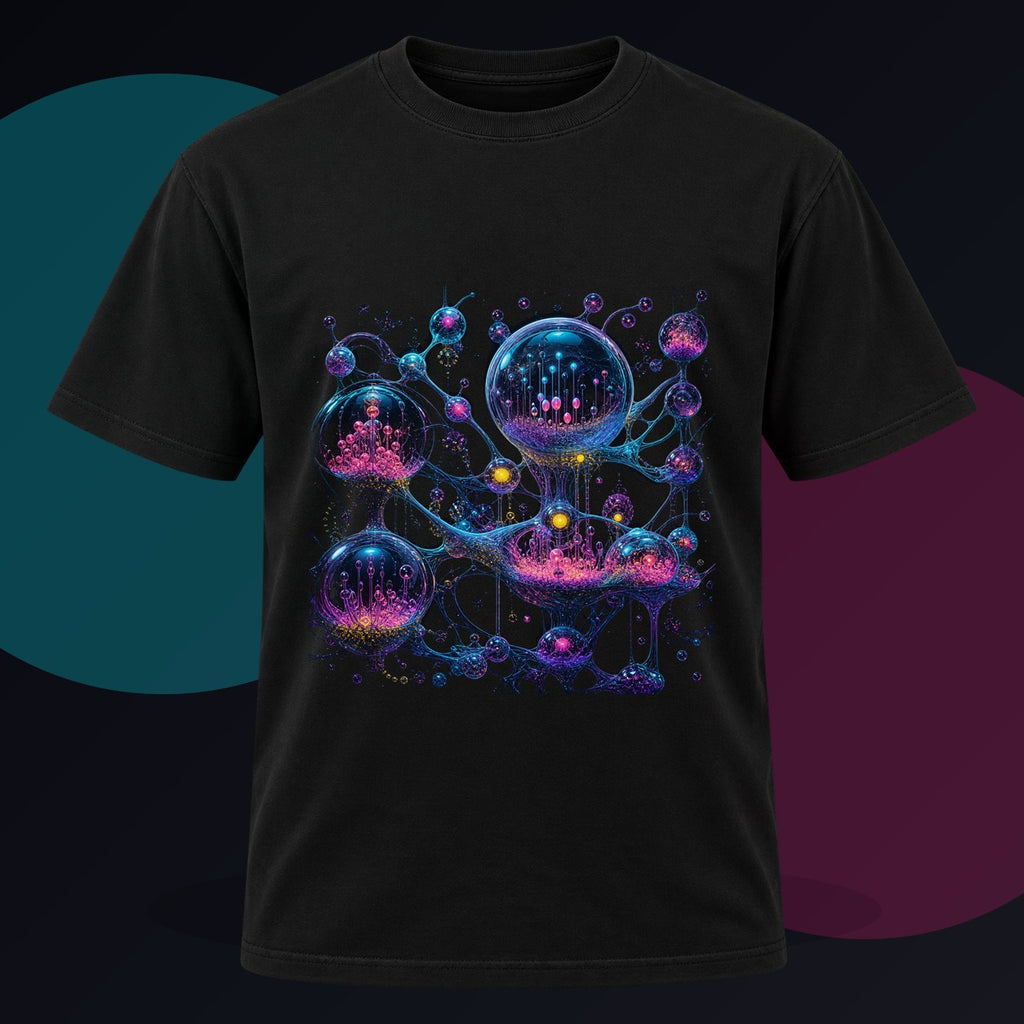 Orbital Glass Orchard original KOSVYRE design on a black graphic tee against a graphite studio background