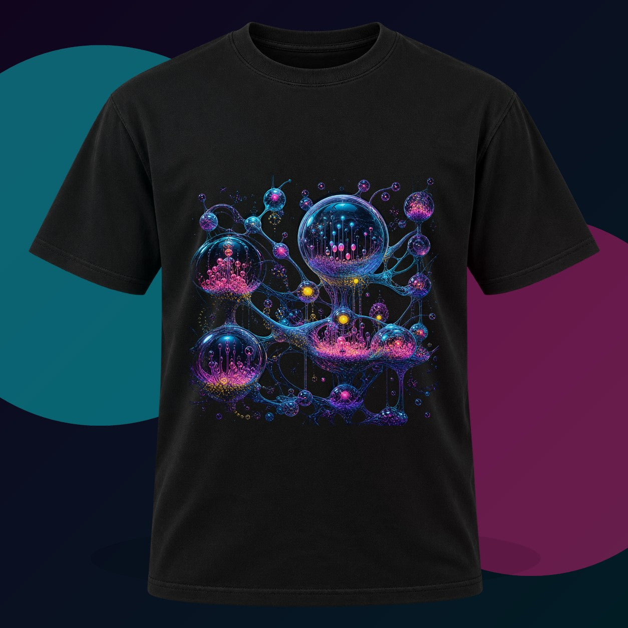 Orbital Glass Orchard original KOSVYRE design on a black graphic tee with cyan and violet studio lighting