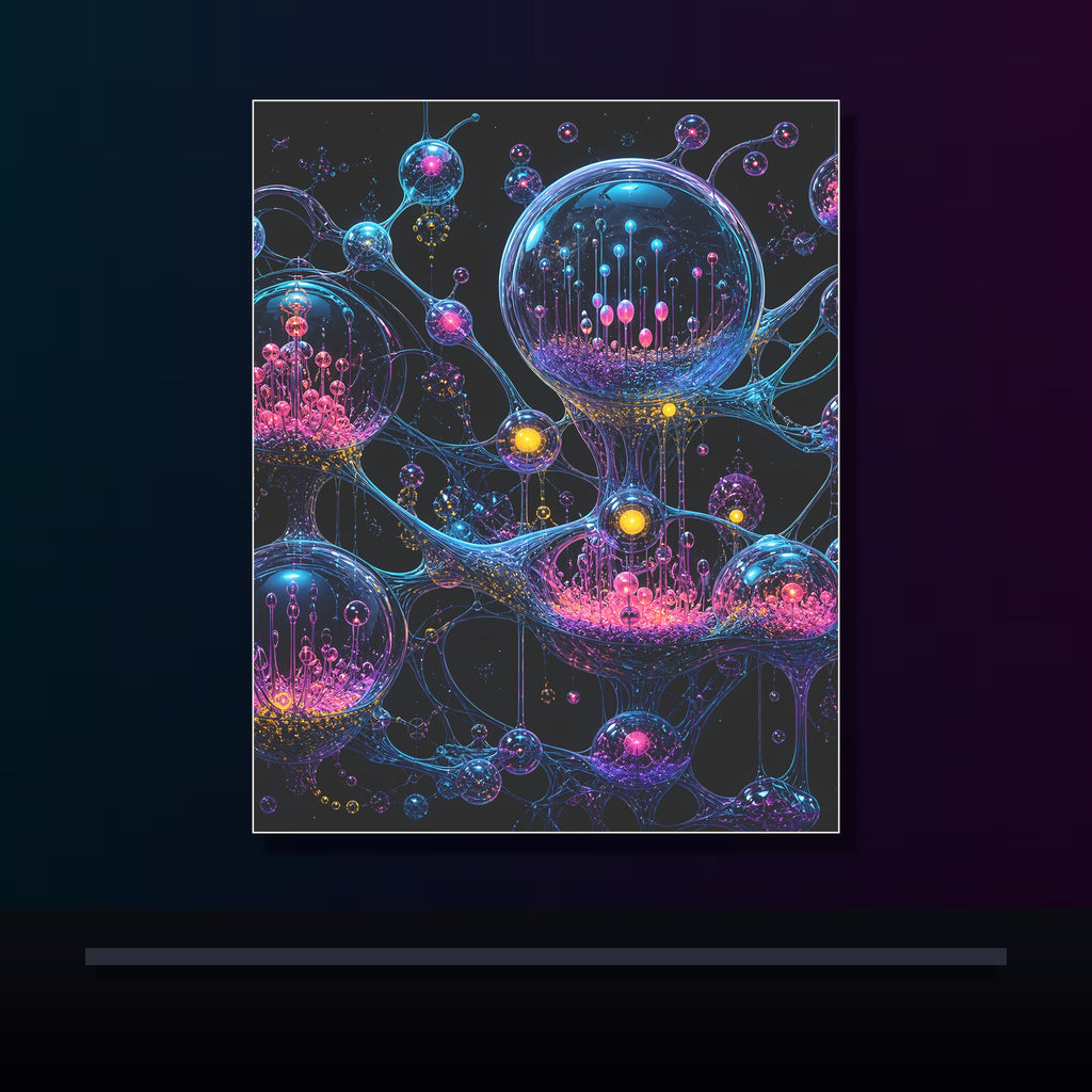 Orbital Glass Orchard original KOSVYRE poster displayed in a dark psychedelic gallery setting