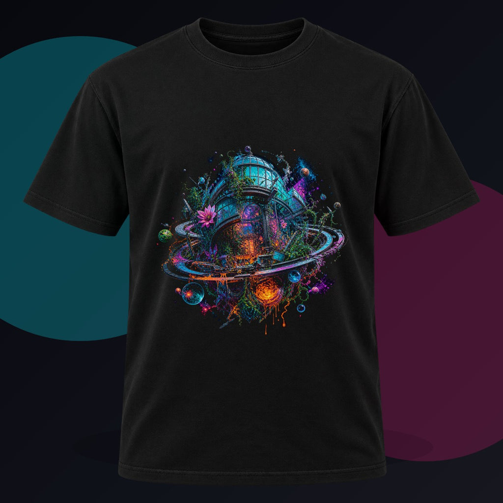 Orbital Hothouse Collapse original KOSVYRE design on a black graphic tee against a graphite studio background