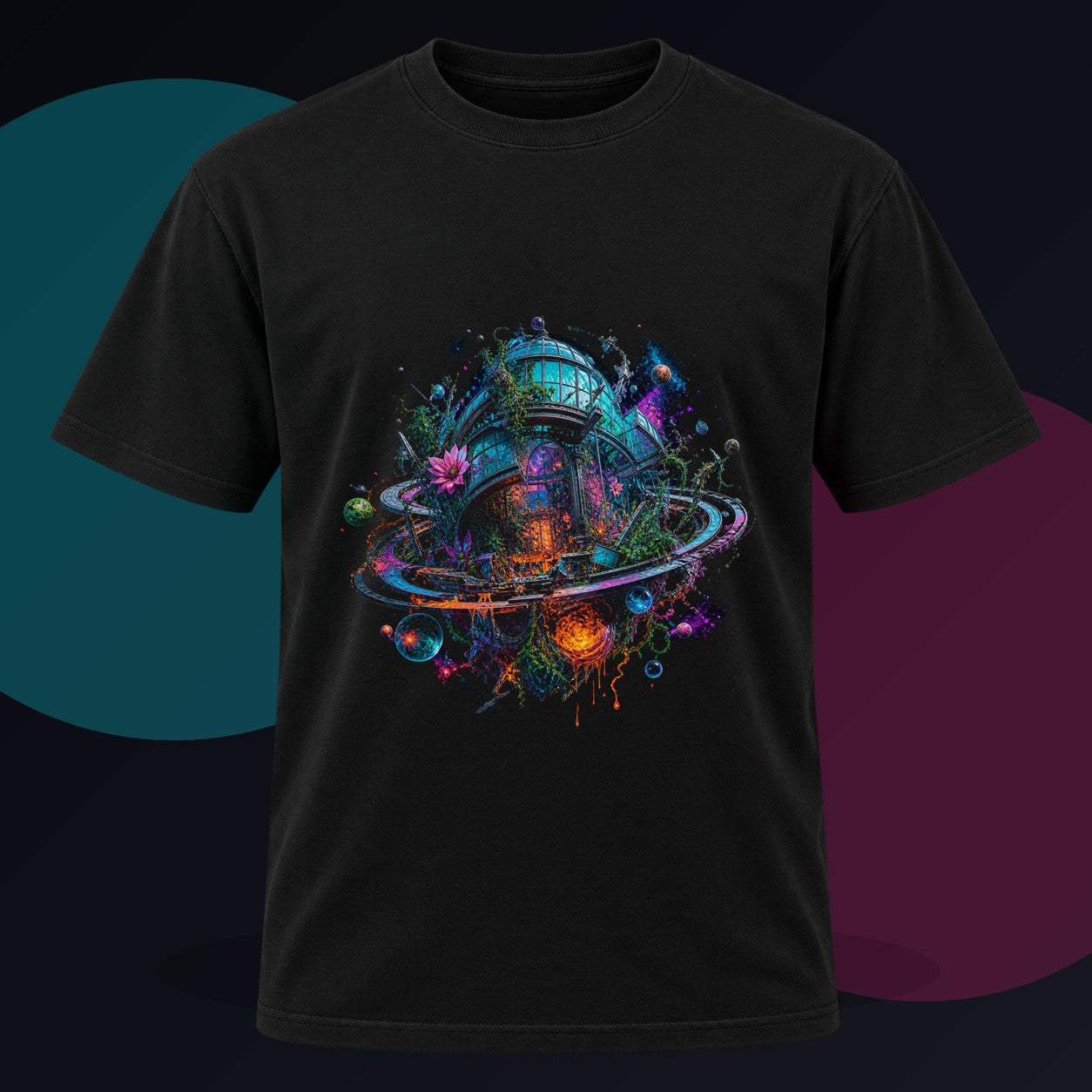 Orbital Hothouse Collapse original KOSVYRE design on a black graphic tee against a graphite studio background