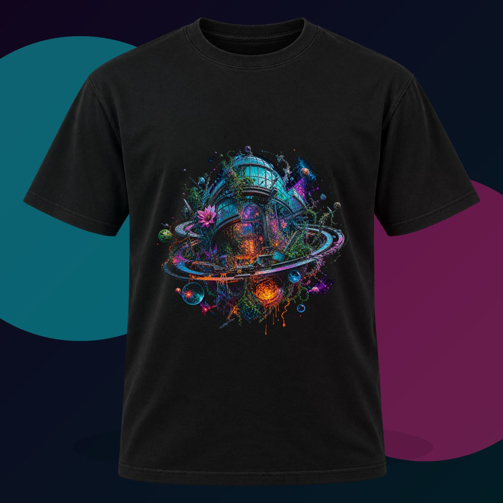 Orbital Hothouse Collapse original KOSVYRE design on a black graphic tee with cyan and violet studio lighting