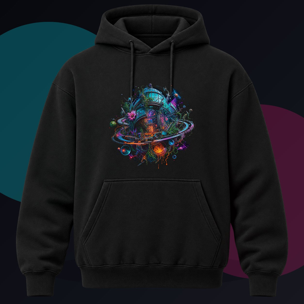Orbital Hothouse Collapse original KOSVYRE design on a black hoodie against a graphite studio background