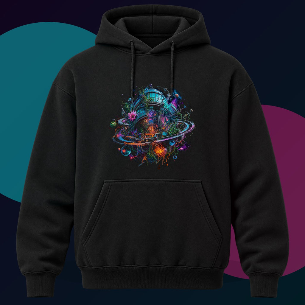 Orbital Hothouse Collapse original KOSVYRE design on a black hoodie with cyan and violet studio lighting
