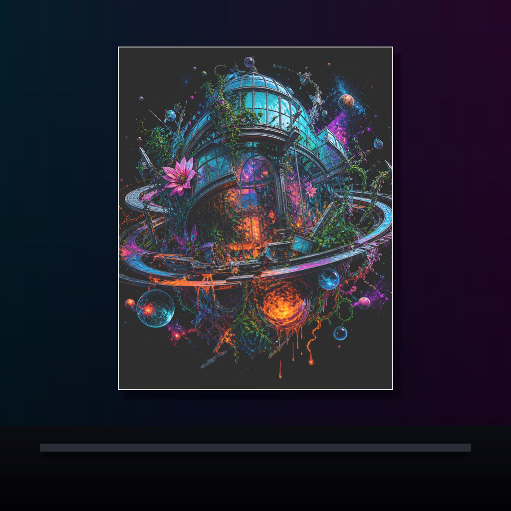 Orbital Hothouse Collapse original KOSVYRE poster displayed in a dark psychedelic gallery setting