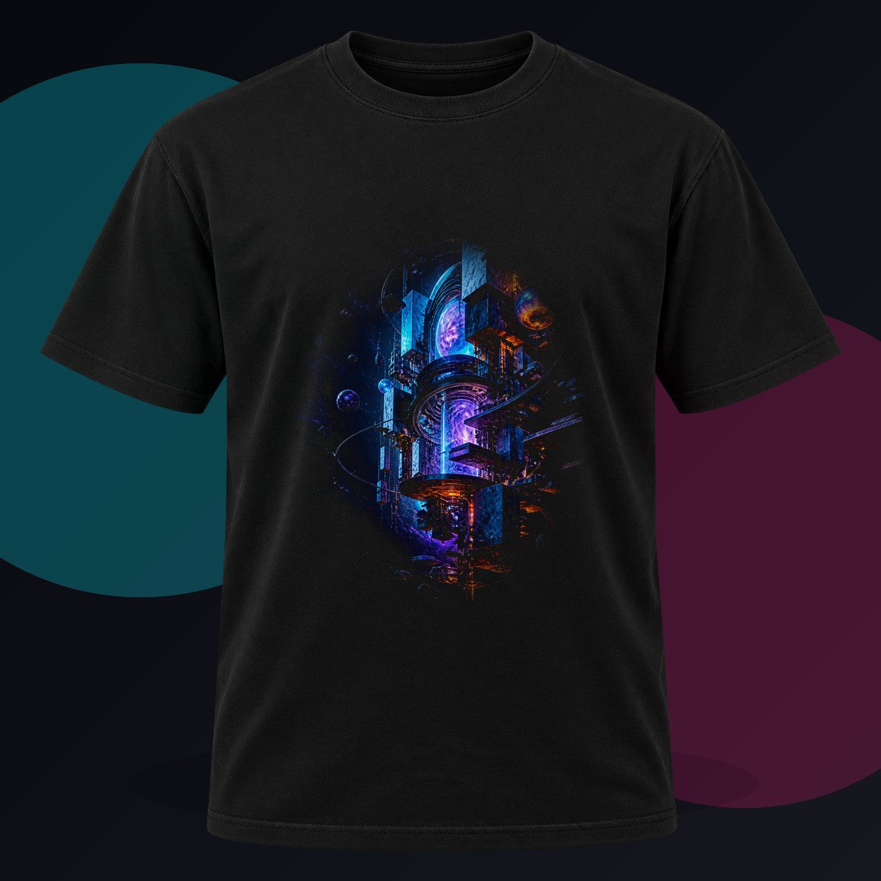 Orbiting Archive Engine original KOSVYRE design on a black graphic tee against a graphite studio background