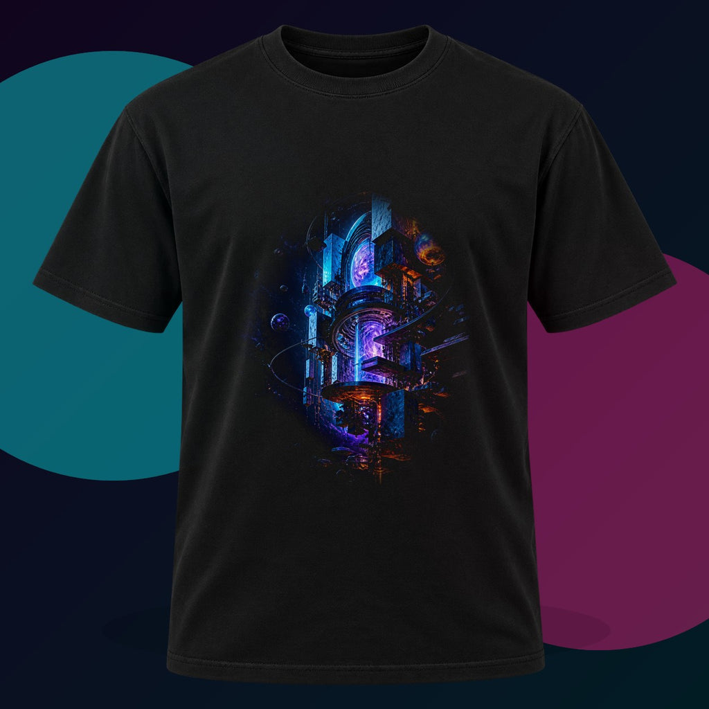 Orbiting Archive Engine original KOSVYRE design on a black graphic tee with cyan and violet studio lighting
