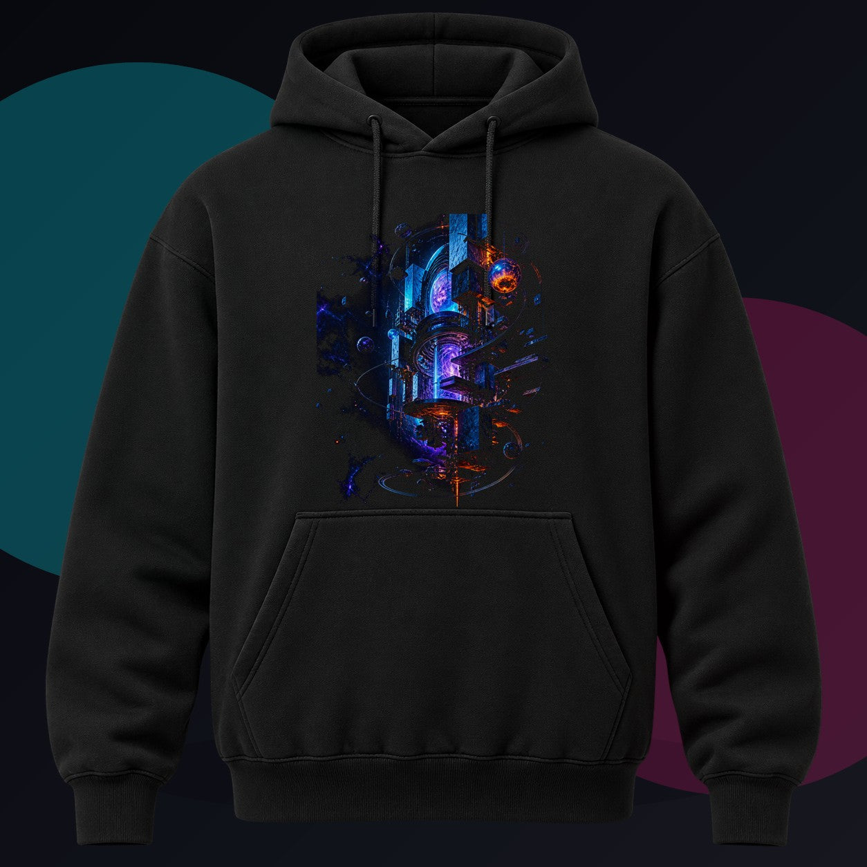 Orbiting Archive Engine original KOSVYRE design on a black hoodie against a graphite studio background