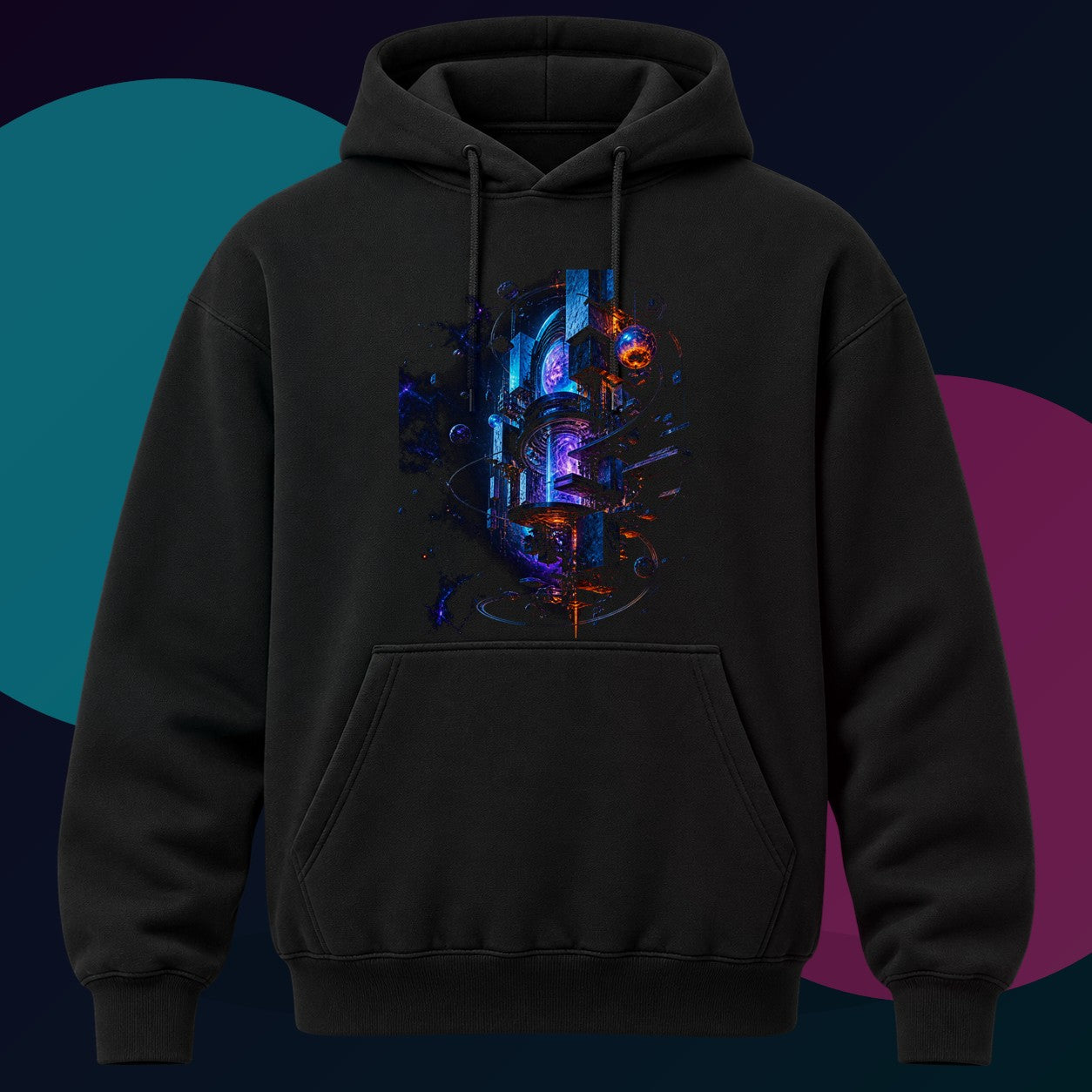 Orbiting Archive Engine original KOSVYRE design on a black hoodie with cyan and violet studio lighting