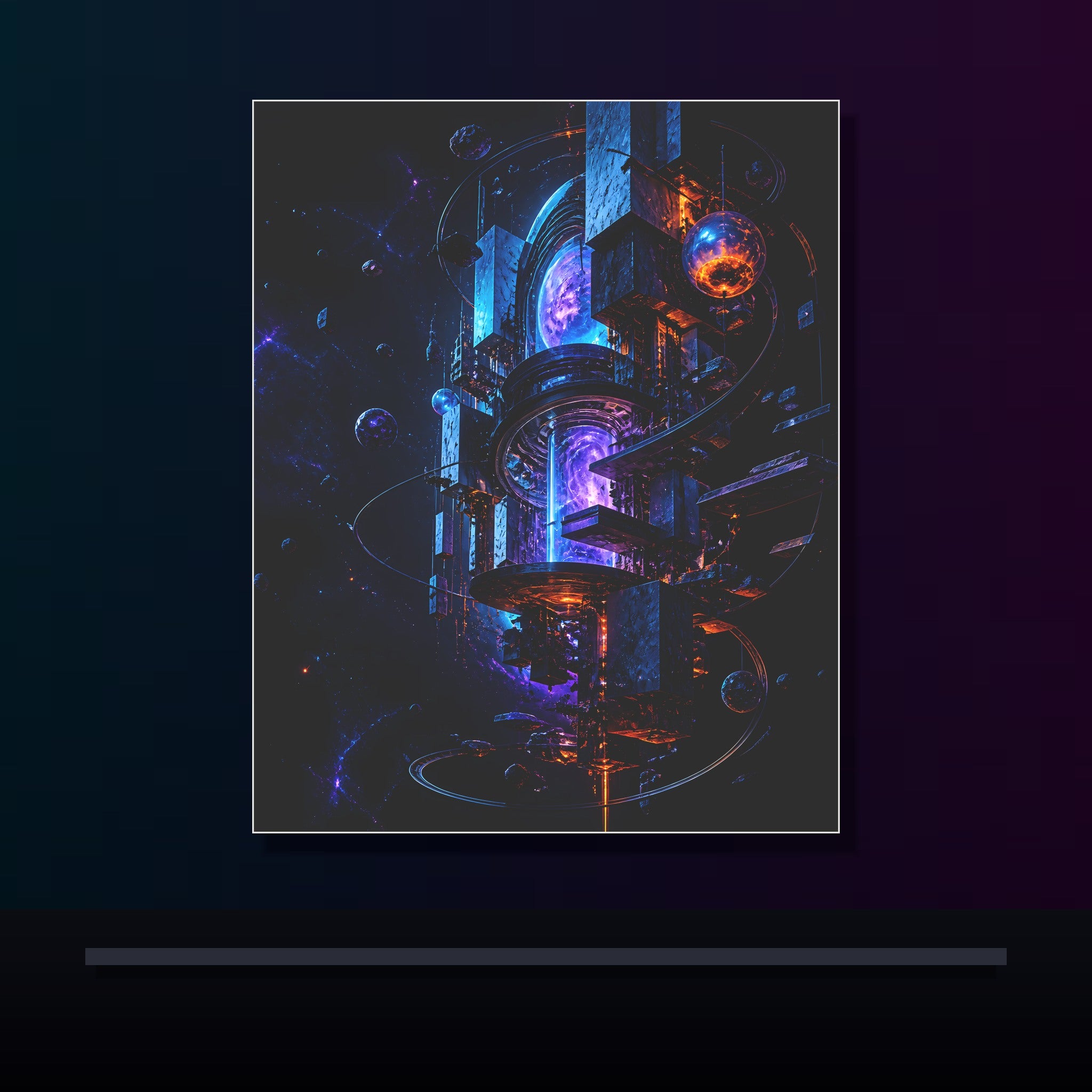 Orbiting Archive Engine original KOSVYRE poster displayed in a dark psychedelic gallery setting