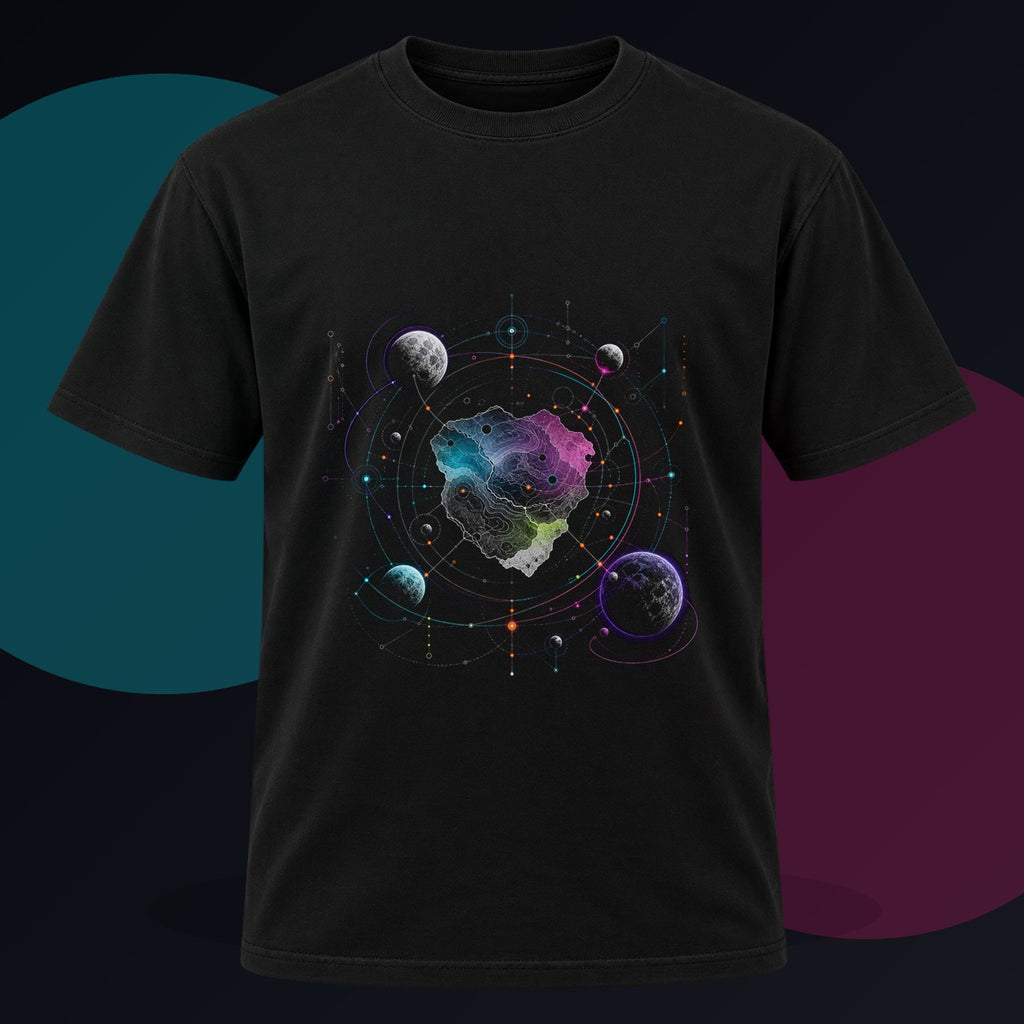 Orbiting Atlas original KOSVYRE design on a black graphic tee against a graphite studio background
