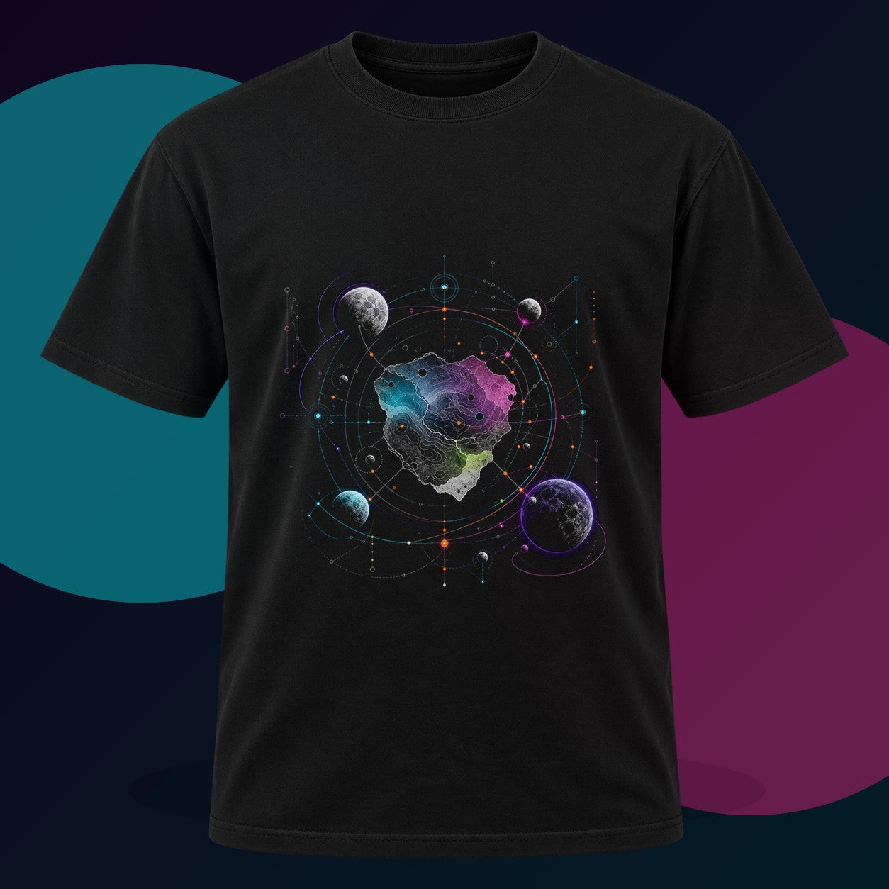 Orbiting Atlas original KOSVYRE design on a black graphic tee with cyan and violet studio lighting