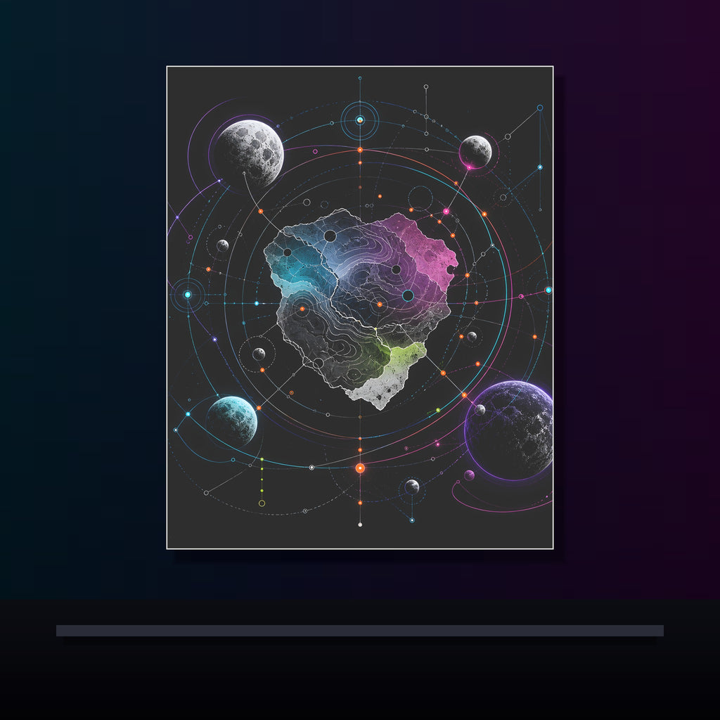 Orbiting Atlas original KOSVYRE poster displayed in a dark psychedelic gallery setting
