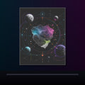Orbiting Atlas original KOSVYRE poster displayed in a dark psychedelic gallery setting