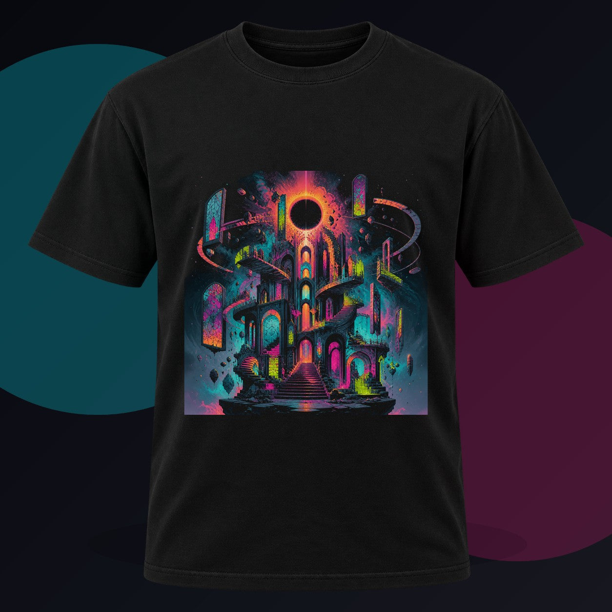 Orbiting Cathedral original KOSVYRE design on a black graphic tee against a graphite studio background