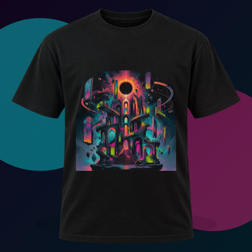 Orbiting Cathedral original KOSVYRE design on a black graphic tee with cyan and violet studio lighting