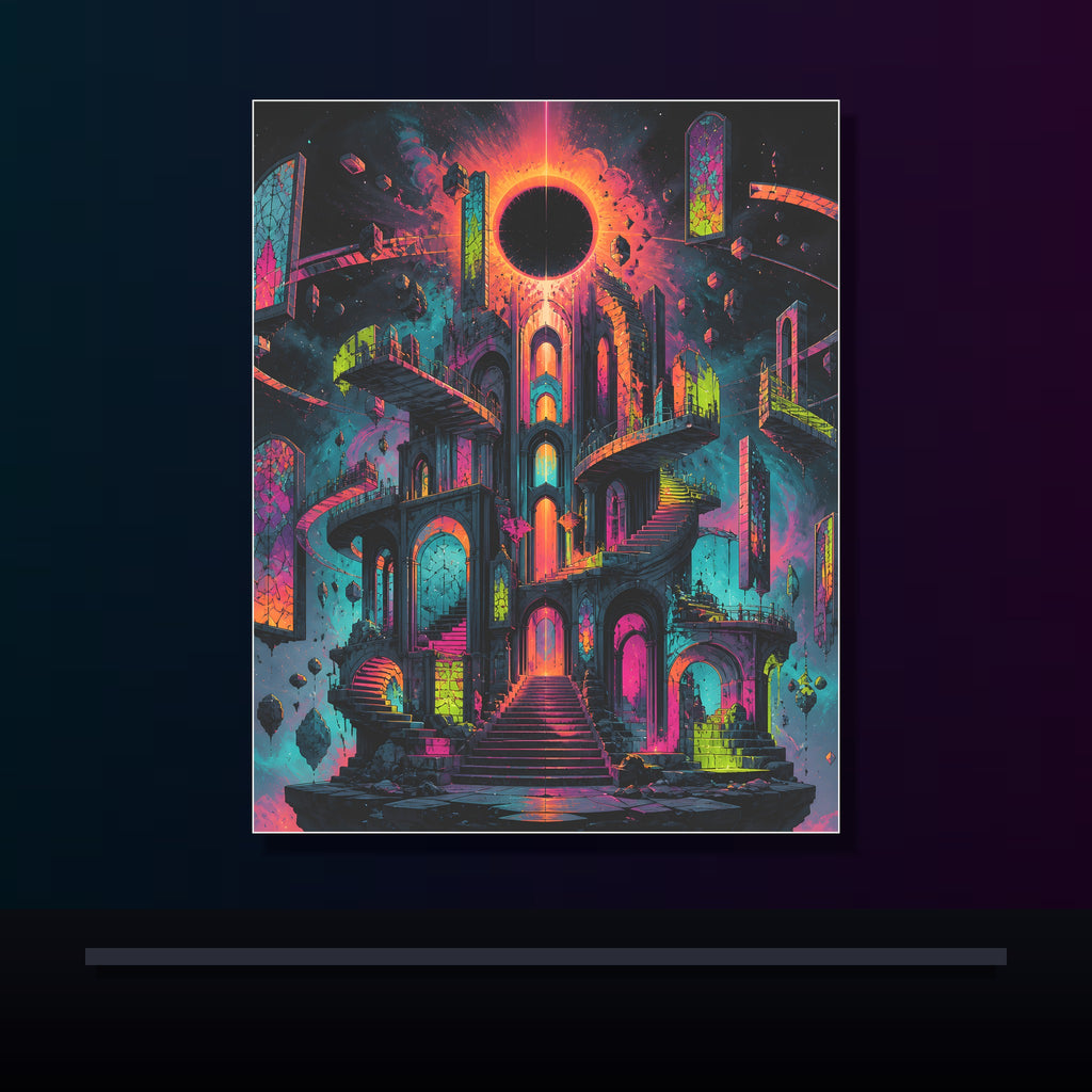 Orbiting Cathedral original KOSVYRE poster displayed in a dark psychedelic gallery setting