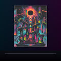 Orbiting Cathedral original KOSVYRE poster displayed in a dark psychedelic gallery setting