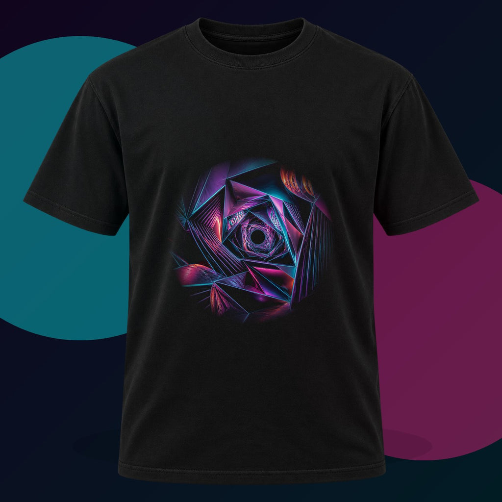 Orbiting Fold Cathedral original KOSVYRE design on a black graphic tee with cyan and violet studio lighting
