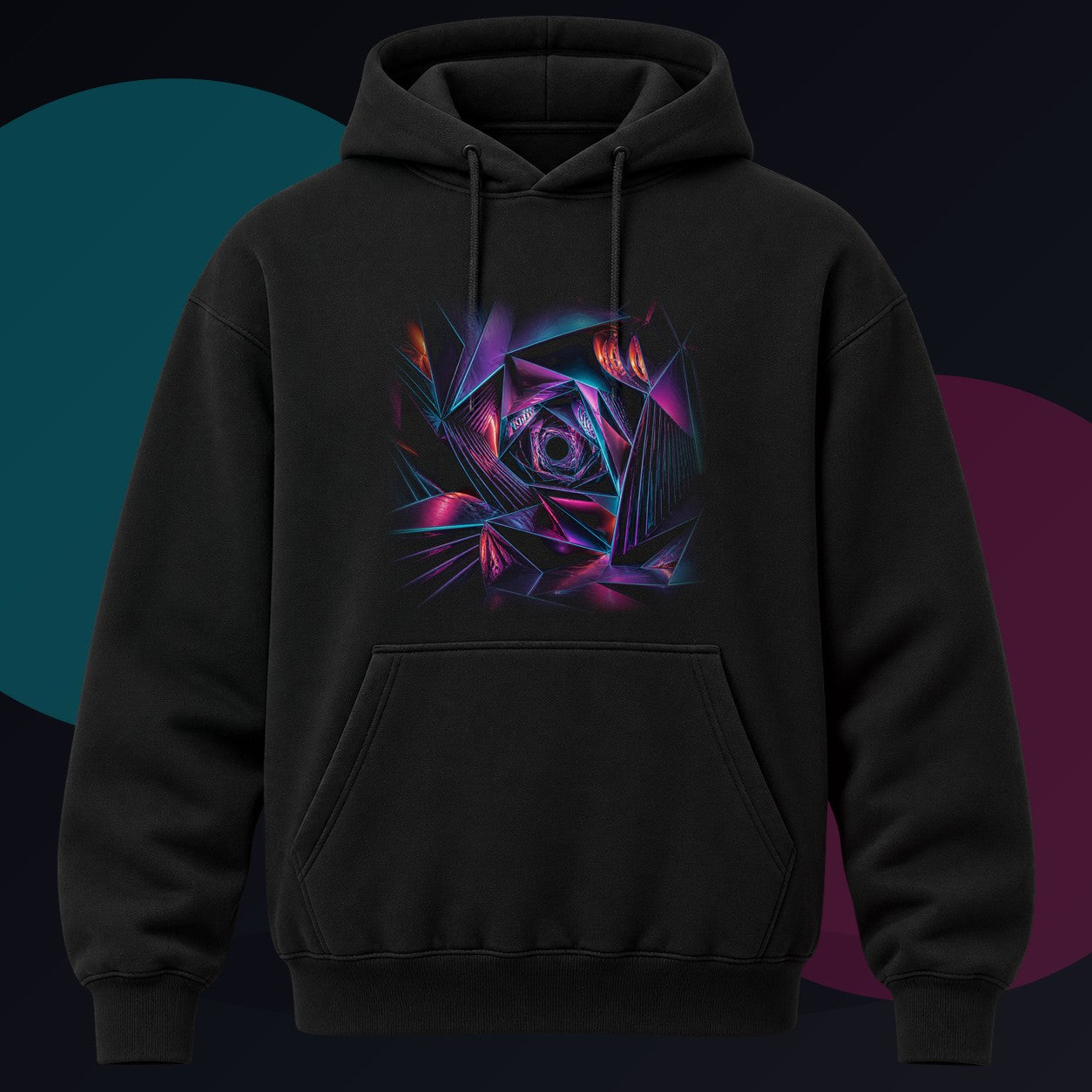 Orbiting Fold Cathedral original KOSVYRE design on a black hoodie against a graphite studio background