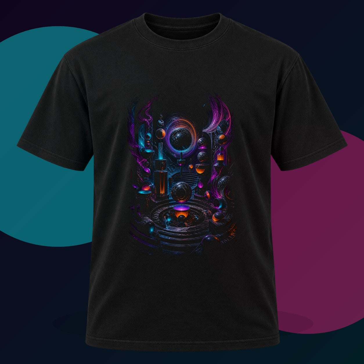 Orbitless Marble Choir original KOSVYRE design on a black graphic tee with cyan and violet studio lighting