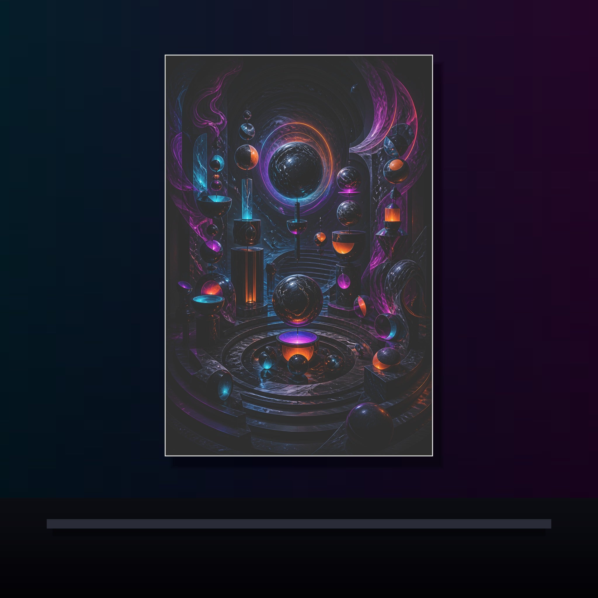 Orbitless Marble Choir original KOSVYRE poster displayed in a dark psychedelic gallery setting