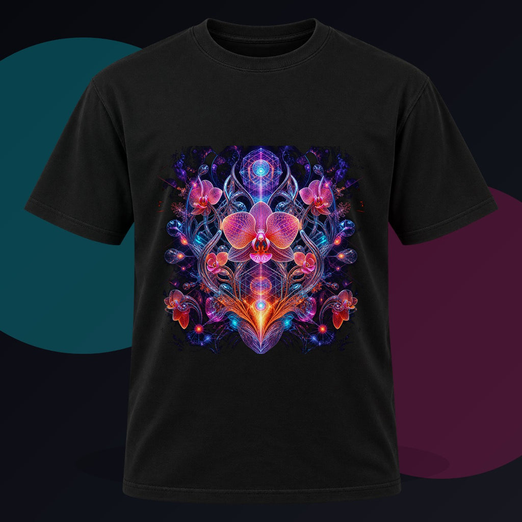 Orchid Signal Array original KOSVYRE design on a black graphic tee against a graphite studio background
